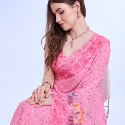 Pink Poly Chiffon Festival Saree With Blouse Piece