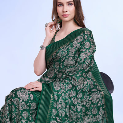 Teal Poly Silk Daily Wear Saree With Blouse Piece