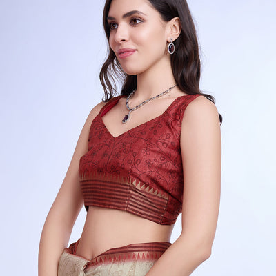 Cream Poly Silk Daily Wear Saree With Blouse Piece