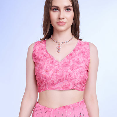 Pink Poly Chiffon Festival Saree With Blouse Piece