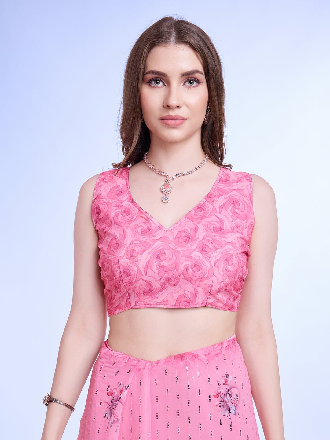 Pink Poly Chiffon Festival Saree With Blouse Piece