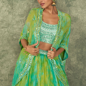 Mint Green Silk Embroidery Mirror Crop Top With Tie Dye Skirt And Cape