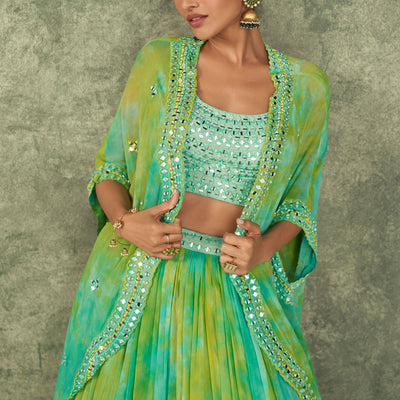 Mint Green Silk Embroidery Mirror Crop Top With Tie Dye Skirt And Cape