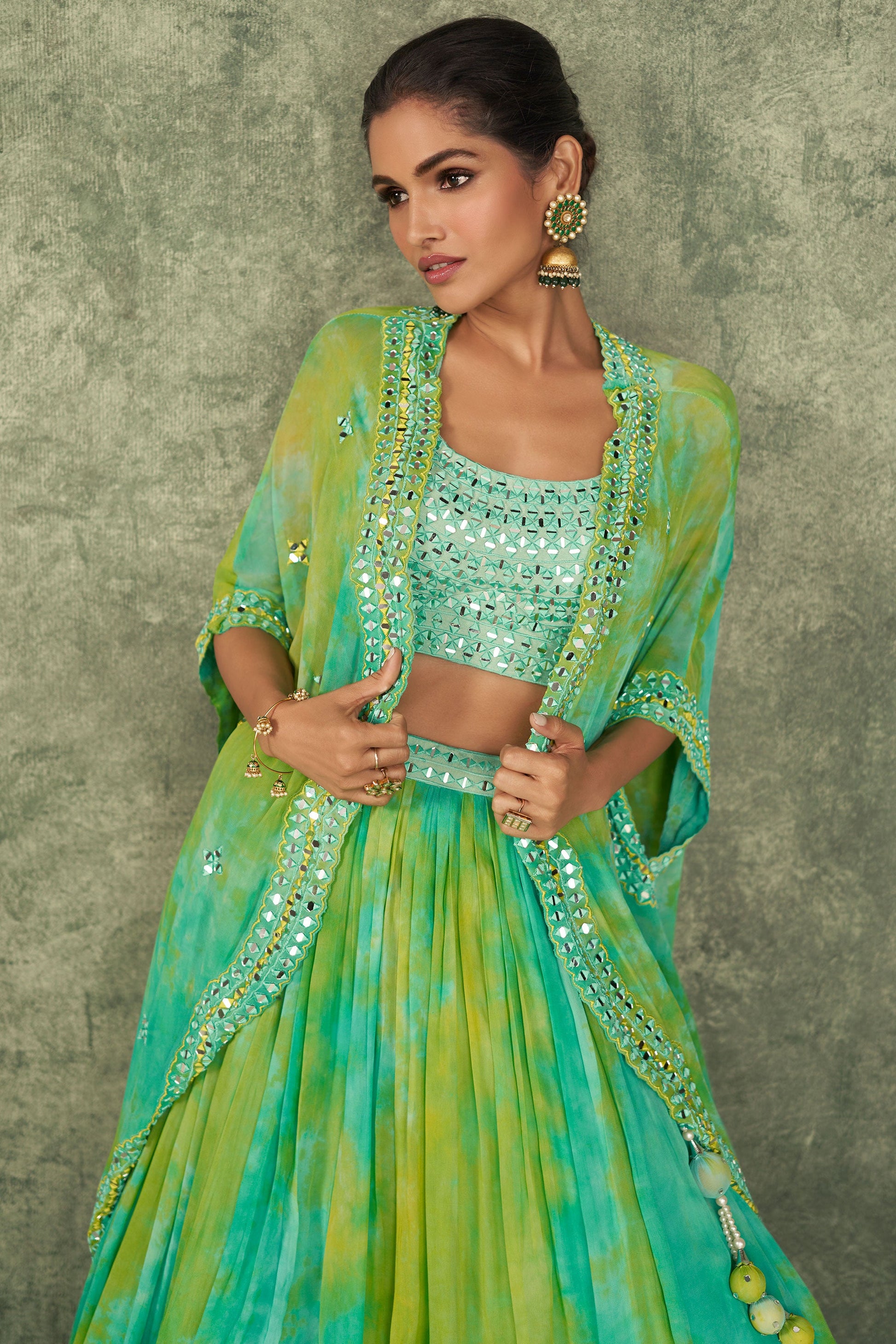 Mint Green Silk Embroidery Mirror Crop Top With Tie Dye Skirt And Cape