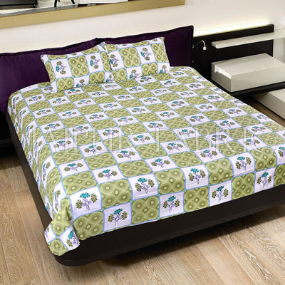 Green Circle with Floral Print Cotton Double Bed Sheet