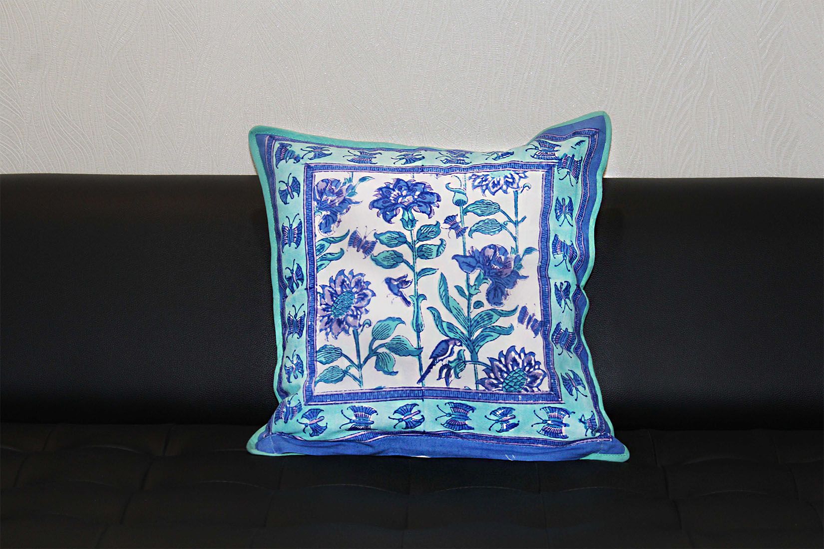 Blue and White Block printed Cotton Cushion Cover