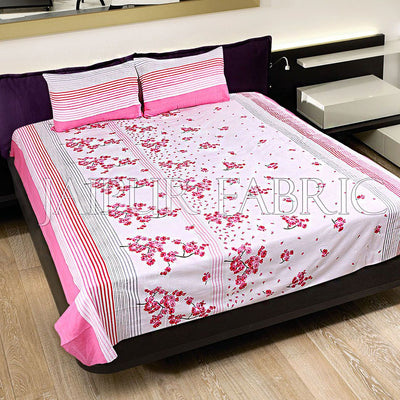 Pink and Black Stripes Floral Print Cotton Double Bed Sheet