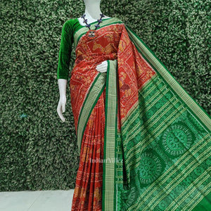 Red Green Animal Theme Sambalpuri Silk Saree