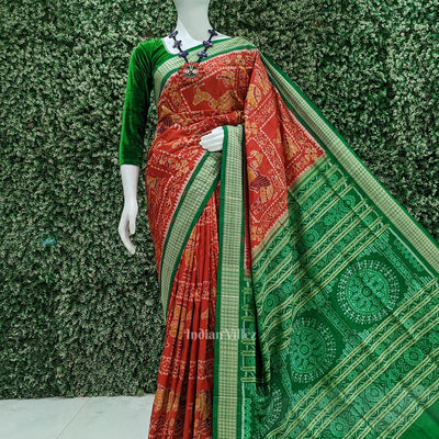 Red Green Animal Theme Sambalpuri Silk Saree