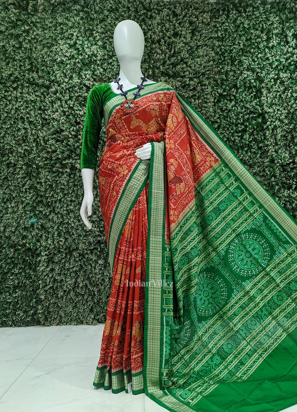 Red Green Animal Theme Sambalpuri Silk Saree