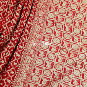 Red Color Bull Motif Banarasi  Khaddi Georgette Shikargah Saree