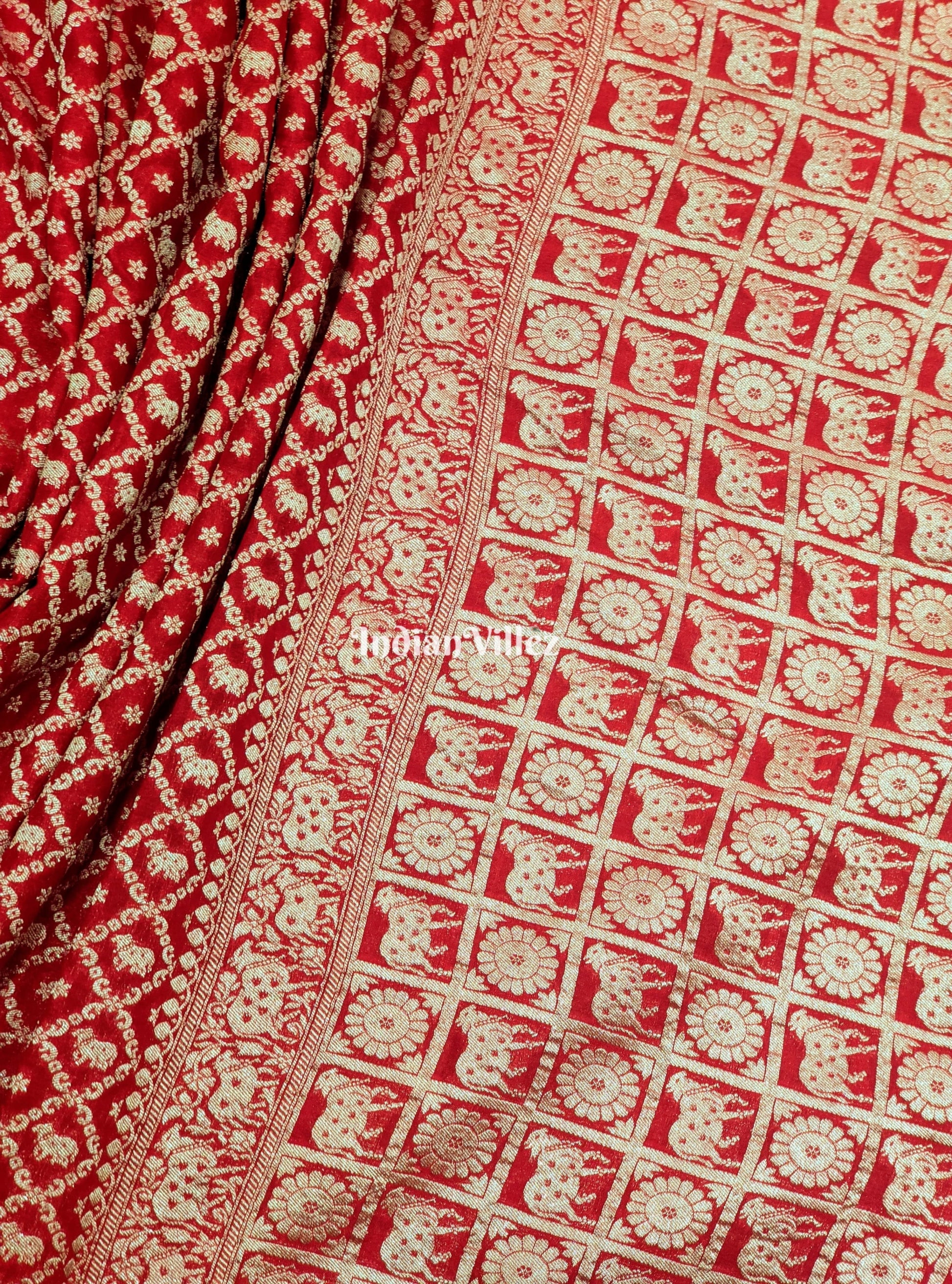 Red Color Bull Motif Banarasi  Khaddi Georgette Shikargah Saree