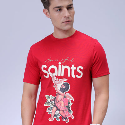 Men's Red Slim Fit Graphic Printed T-Shirt