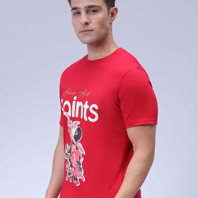 Men's Red Slim Fit Graphic Printed T-Shirt