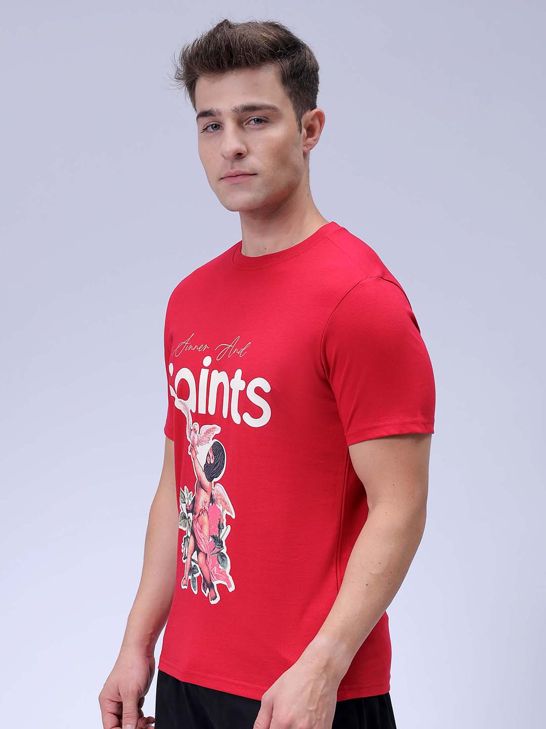 Men's Red Slim Fit Graphic Printed T-Shirt