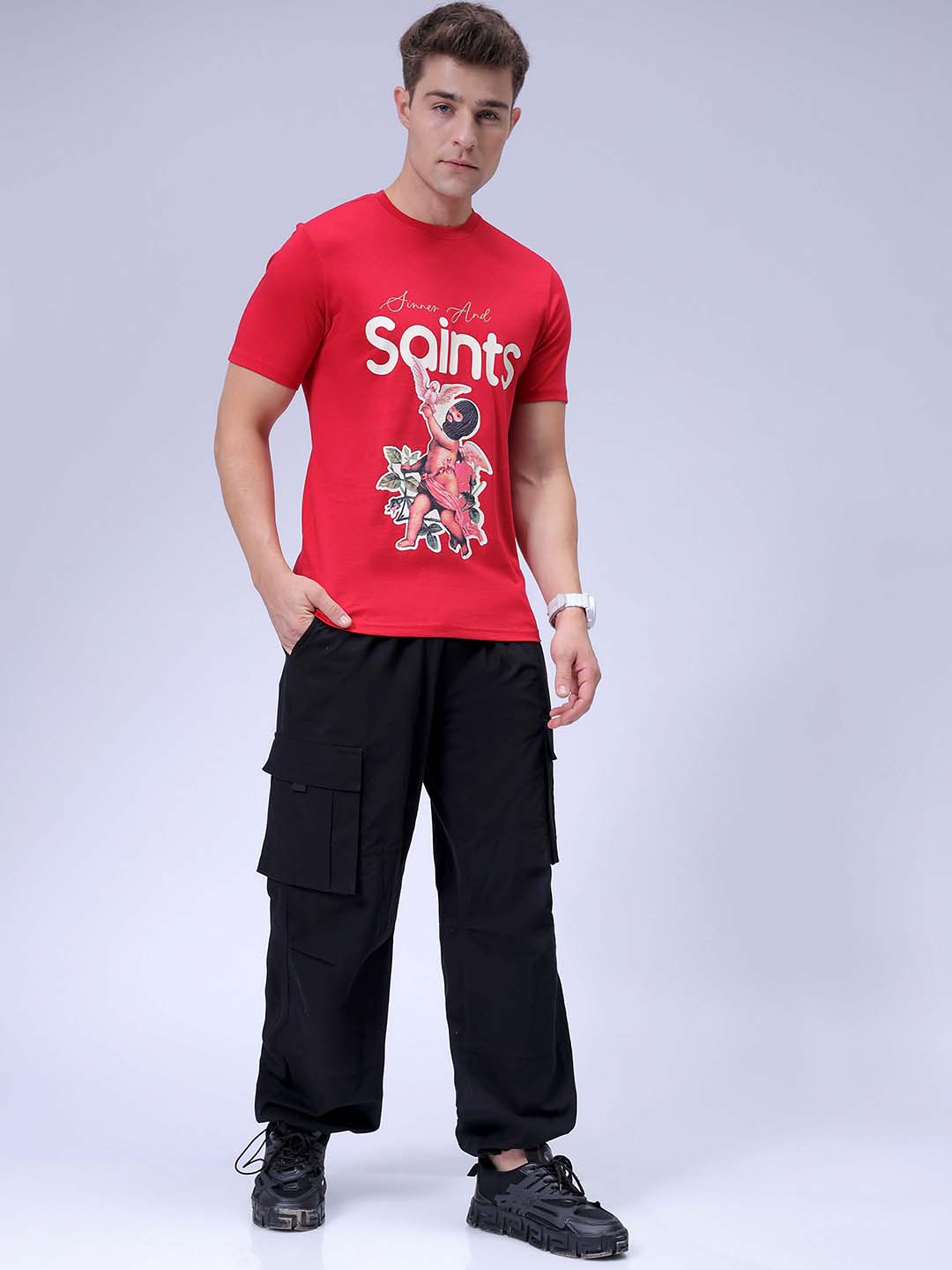 Men's Red Slim Fit Graphic Printed T-Shirt