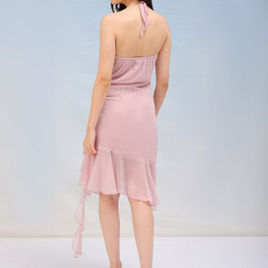 Women's Solid Fitted Halter Neck Ruffle Dress
