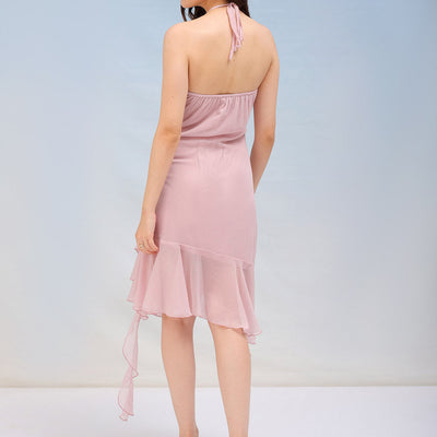 Women's Solid Fitted Halter Neck Ruffle Dress
