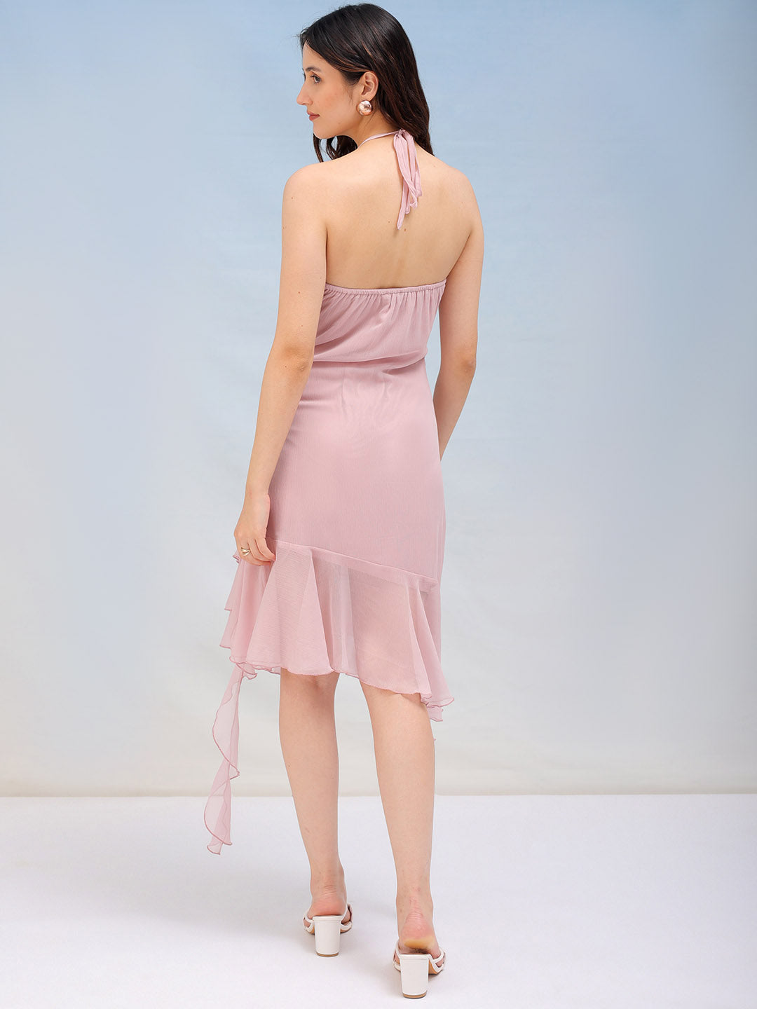 Women's Solid Fitted Halter Neck Ruffle Dress