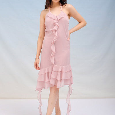 Women's Solid Fitted Halter Neck Ruffle Dress