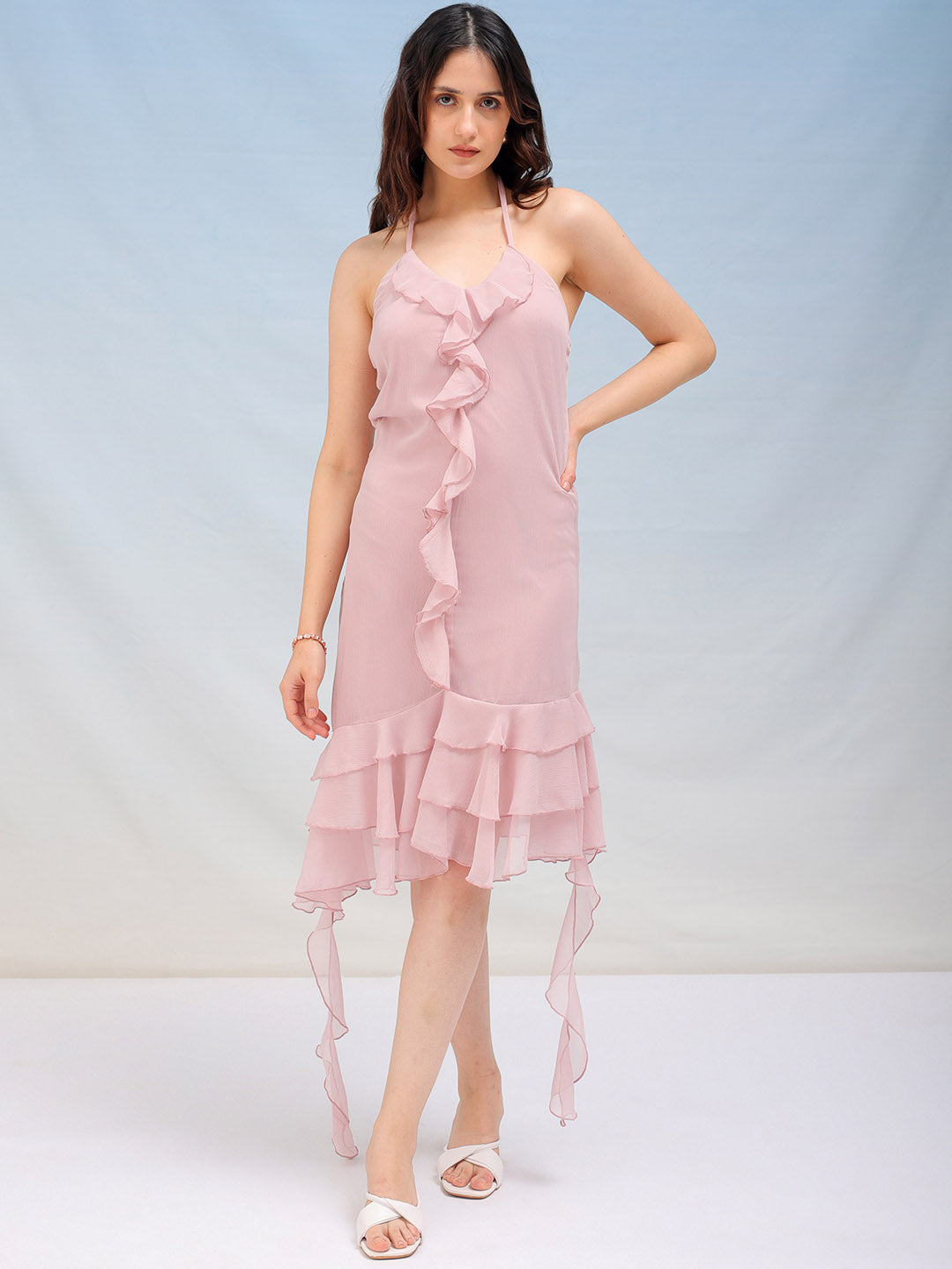 Women's Solid Fitted Halter Neck Ruffle Dress