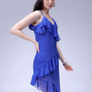 Women's Blue Fit and Flare Solid Asymmetric Dress