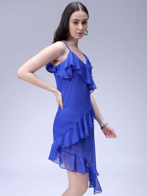 Women's Blue Fit and Flare Solid Asymmetric Dress