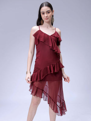 Women's Brown Fit and Flare Solid Asymmetric Dress