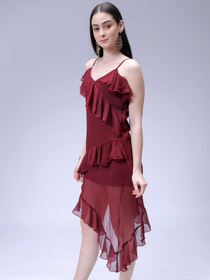 Women's Brown Fit and Flare Solid Asymmetric Dress