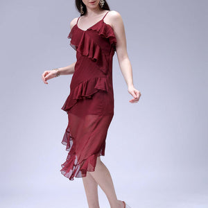Women's Brown Fit and Flare Solid Asymmetric Dress