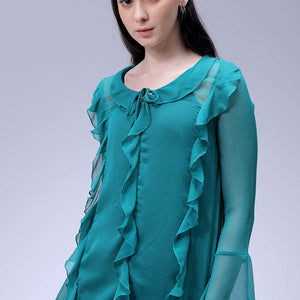 Women's Green A-Line Solid Ruffle Dress