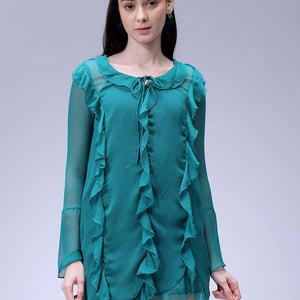 Women's Green A-Line Solid Ruffle Dress