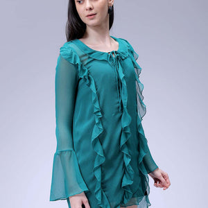 Women's Green A-Line Solid Ruffle Dress