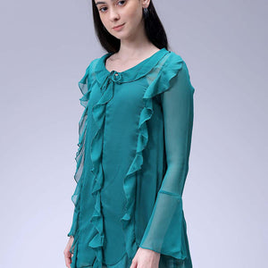 Women's Green A-Line Solid Ruffle Dress