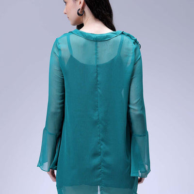 Women's Green A-Line Solid Ruffle Dress
