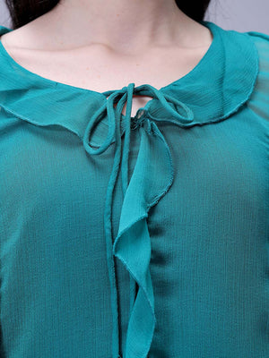 Women's Green A-Line Solid Ruffle Dress