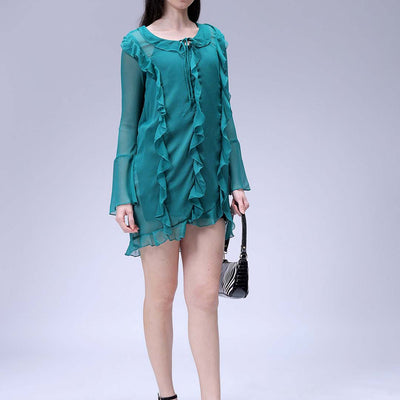 Women's Green A-Line Solid Ruffle Dress