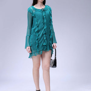 Women's Green A-Line Solid Ruffle Dress