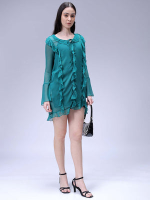 Women's Green A-Line Solid Ruffle Dress
