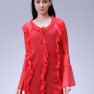 Women's Red A-Line Solid Ruffle Dress