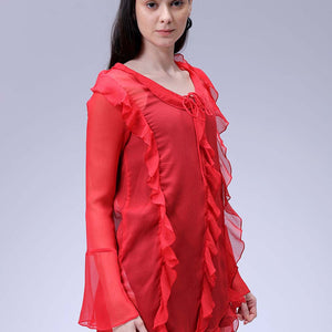 Women's Red A-Line Solid Ruffle Dress