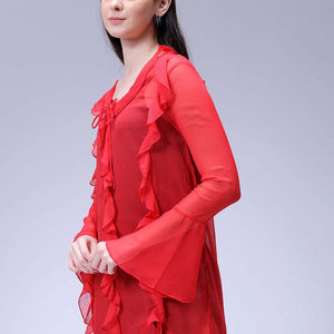 Women's Red A-Line Solid Ruffle Dress