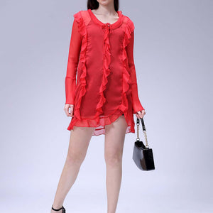 Women's Red A-Line Solid Ruffle Dress