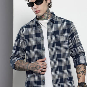 Men's Navy Blue Regular Fit Checked Casual Overshirt