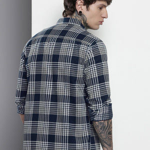 Men's Navy Blue Regular Fit Checked Casual Overshirt