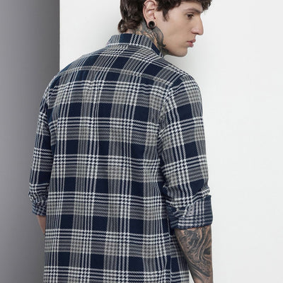 Men's Navy Blue Regular Fit Checked Casual Overshirt
