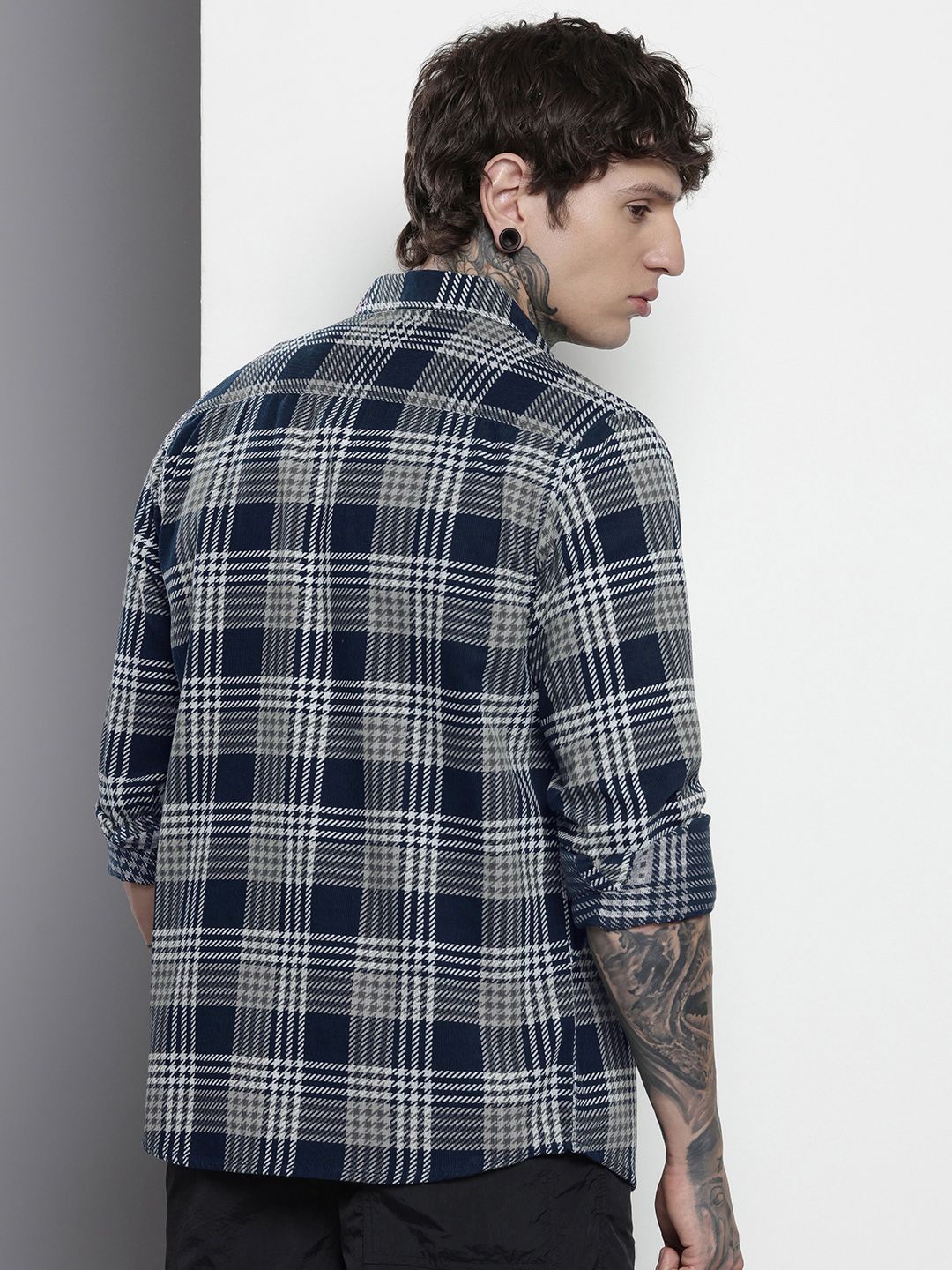 Men's Navy Blue Regular Fit Checked Casual Overshirt