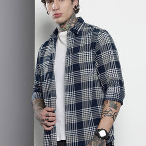 Men's Navy Blue Regular Fit Checked Casual Overshirt
