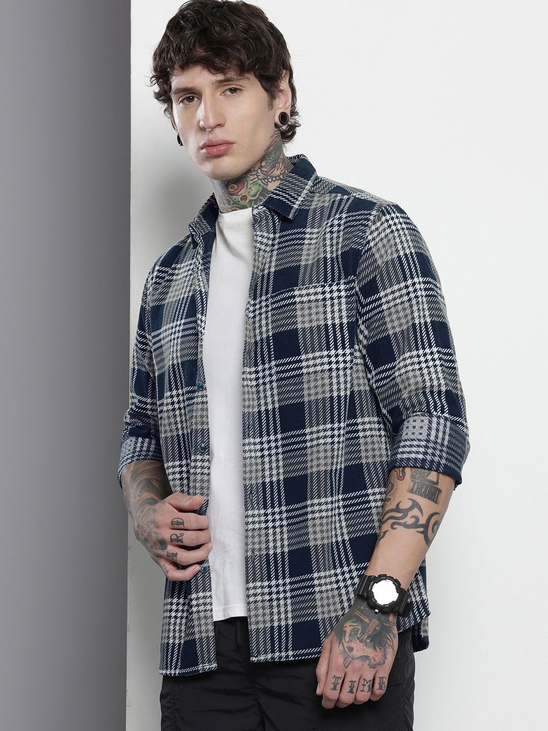 Men's Navy Blue Regular Fit Checked Casual Overshirt