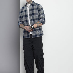 Men's Navy Blue Regular Fit Checked Casual Overshirt